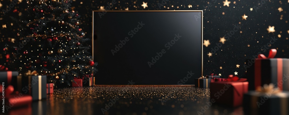 Poster a black background with gold stars and a christmas tree, presents around the edges of an empty recta