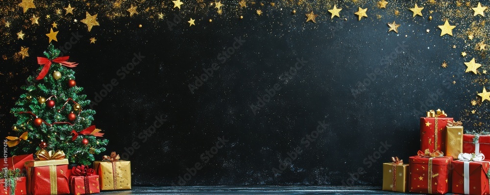 Poster a black background with gold stars and a christmas tree, presents around the edges of an empty recta