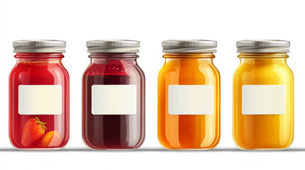Glass jars with jam and blank label. Vector realistic mockup of clear pots with conserve fruit, jelly and honey. Template of preserve packaging in transparent bottles with steel cap and white label