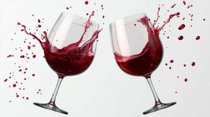 Wineglasses with red wine clink. Empty and full glasses with alcohol drink, liquid splashes and droplets mockup, vine beverage isolated on transparent background Realistic 3d vector illustration