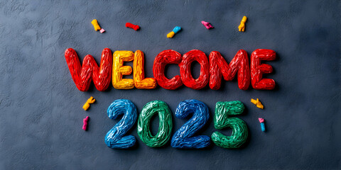 Vibrant, textured lettering spelling Welcome 2025 with scattered confetti, creating festive celebration against dark background marking upcoming year's arrival
