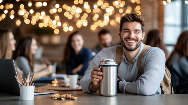 Working diverse celebrate festive concept. A smiling man holds a coffee thermos in a cozy café setting with warm, sparkling lights and other patrons in the background.