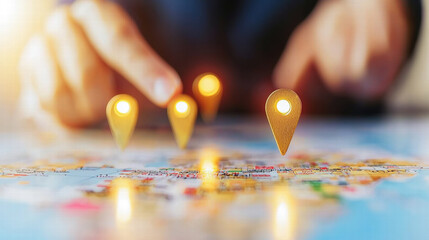 Map with location markers and logistics planning for distribution routes