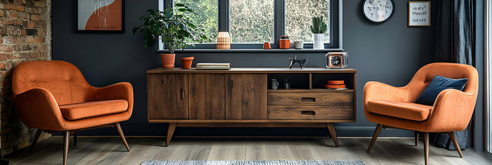 Mid-Century Modern Living Room,  Orange Velvet Armchairs Flanking a Dark Wood Cabinet, Accented with Earthy Tones and Greenery.