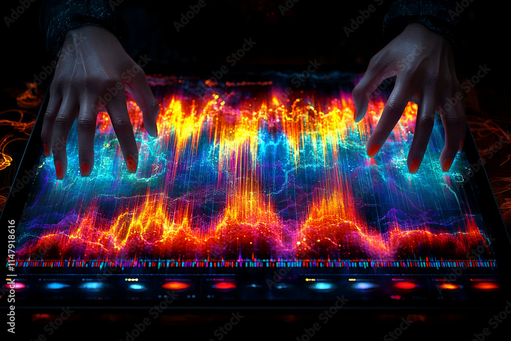 Poster vibrant data visualization, hands interact with colorful digital landscape on futuristic interface