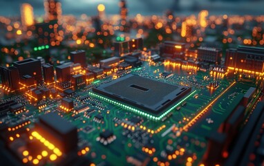 Obraz premium Futuristic city circuit board with central processor.