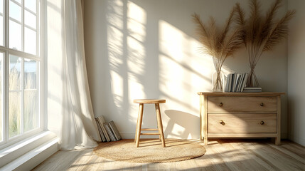Sunlit Room Interior, Wooden Stool & Chest of Drawers in a Cozy Setting