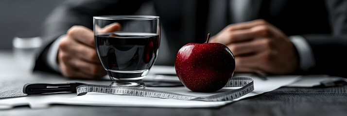 Still Life, Red Apple, Dark Drink, and Measuring Tape on Desk