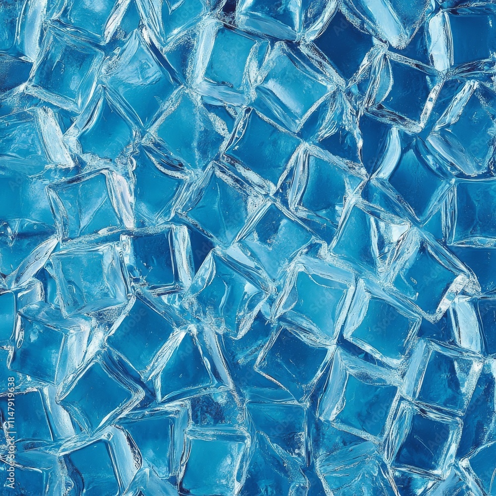 Poster a blue background with many ice cubes. the ice cubes are in different sizes and are scattered throug