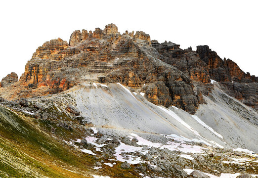 Mountain landscape in Sexten Dolomites isolated on transparent PNG background. Mount Paternkofel in South Tyrol, Italy.