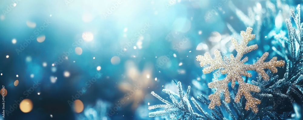 Poster a blue background with glitter and snowflakes on the right side, creating an atmosphere of joy for c