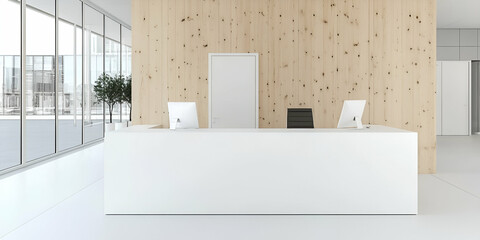 Modern Office Reception, Minimalist White Desk, Light Wood Wall, Bright Windows