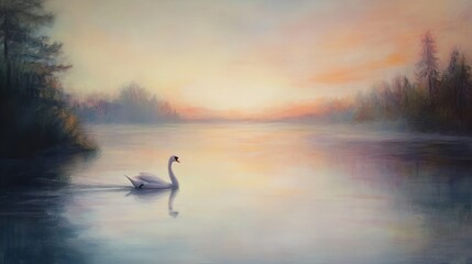 Fototapeta premium Serene Swan at Sunset on a Calm Lake