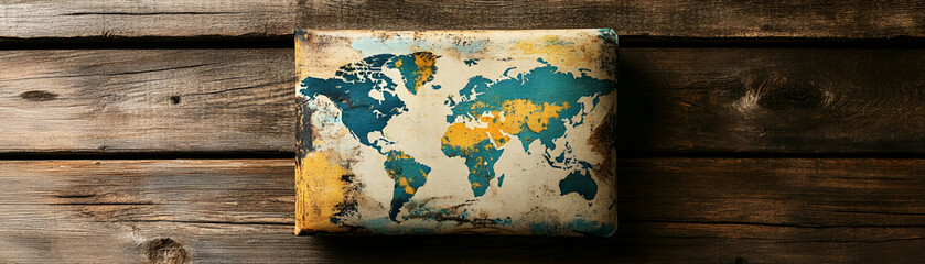World Map on Rustic Wood, Vintage Travel Textile Artwork