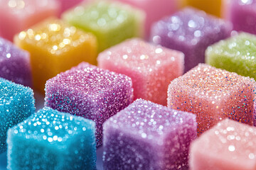 Macro shot of sugar cubes coated with colorful edible glitter for a festive look