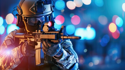 Fototapeta na wymiar A tactical soldier aims a rifle amidst dynamic, colorful lights, embodying a scene of high tension and readiness.Military,Tactical Preparation,Focus,Urban Combat