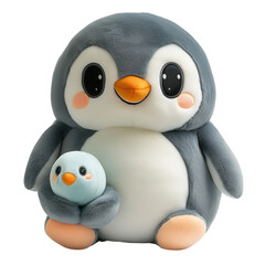 Soft light blue stuffed penguin toy in soft light blue sweater, holding small light blue egg, transparent PNG for children's product promotion