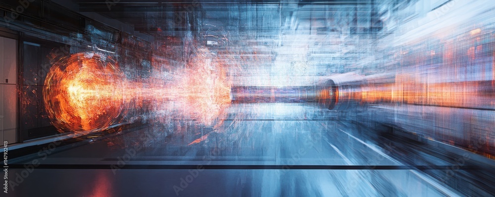 Poster a cinematic representation of a quantum entanglement digital particle accelerator shown with multipl