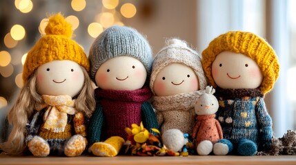 Adorable handmade plush dolls no more than four arranged in a bright cozy setting