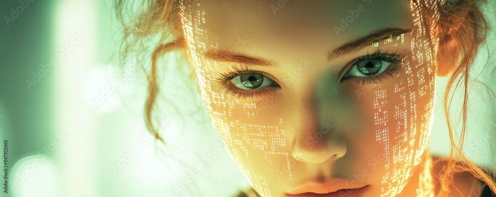 Poster a close-up of a young woman with a digital interface overlay with binary codes and technology imager