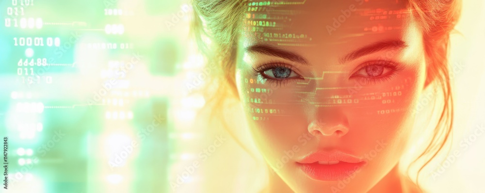 Poster a close-up of a young woman with a digital interface overlay with binary codes and technology imager