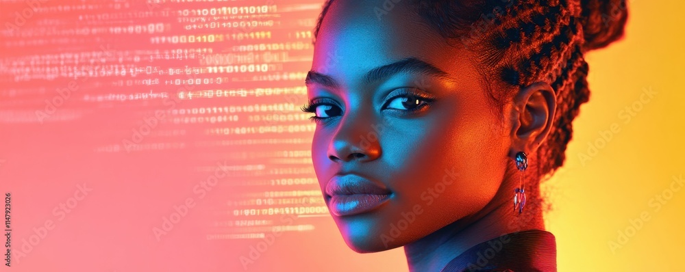 Poster a close-up of a young woman with a digital interface overlay with binary codes and technology imager