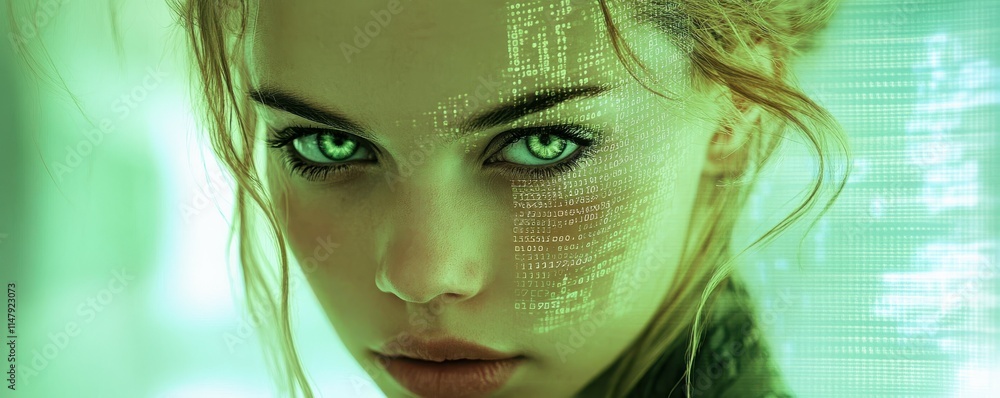 Poster a close-up of a young woman with a digital interface overlay with binary codes and technology imager