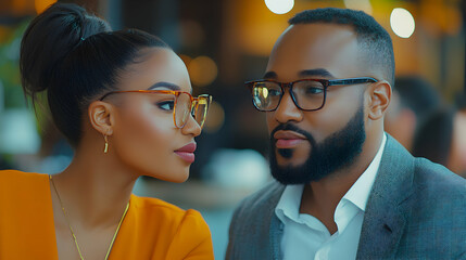 Elegant Couple's Portrait,  Stylish Glasses, Warm Gaze,  Romantic Cafe Setting.