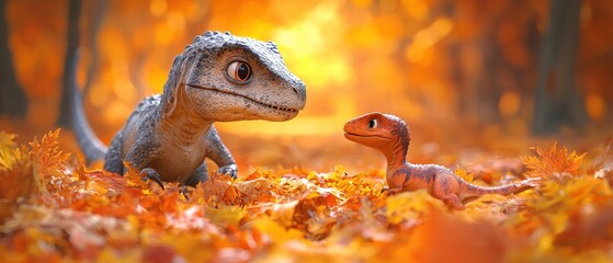 Adorable baby dinosaurs in autumn leaves. Perfect for children's books, websites, and educational materials.