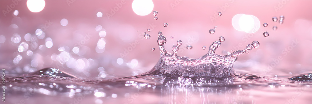 Poster pink water droplet splash, abstract background image with sparkling bokeh