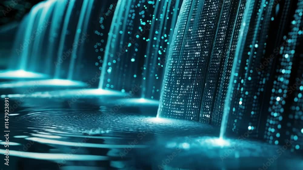 Poster binary code cascading like a digital waterfall into a data lake, illustrating the concepts of big da