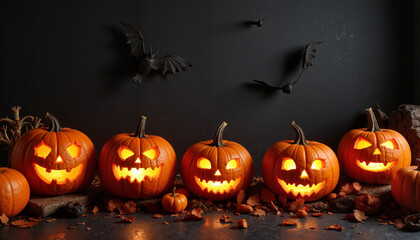 Halloween pumpkins glowing with carved faces against a dark background  