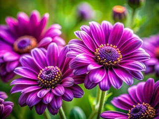 Obraz premium Purple Flowers Closeup, Green Background, Botanical Photography, Macro