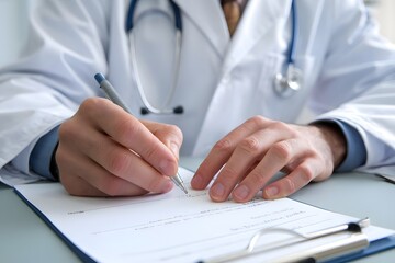Fototapeta premium a doctor is recording or giving a prescription to a patient, a view of the doctor's hand writing the prescription.