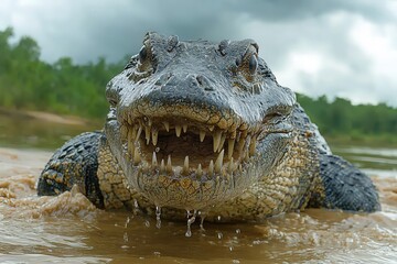 Obraz premium A close-up of a massive crocodile's head and jaws emerging from murky water, showcasing its powerful teeth and textured skin against a blurred background of lush greenery.
