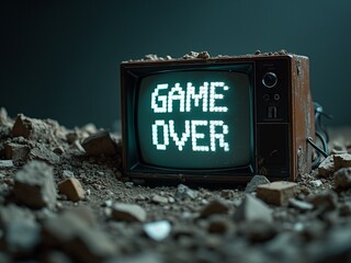 A broken retro television lying in rubble, with its pixelated screen still displaying a looping “Game Over” text