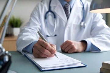 Fototapeta premium a doctor is recording or giving a prescription to a patient, a view of the doctor's hand writing the prescription.