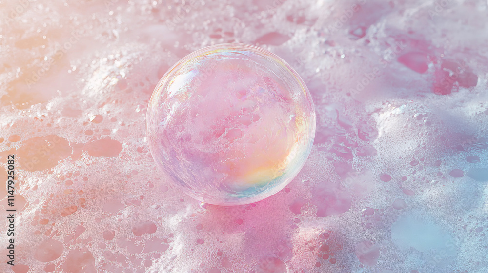 Poster 3d pink soap ball. realistic rainbow water bubble on transparent background. abstract iridescent liq