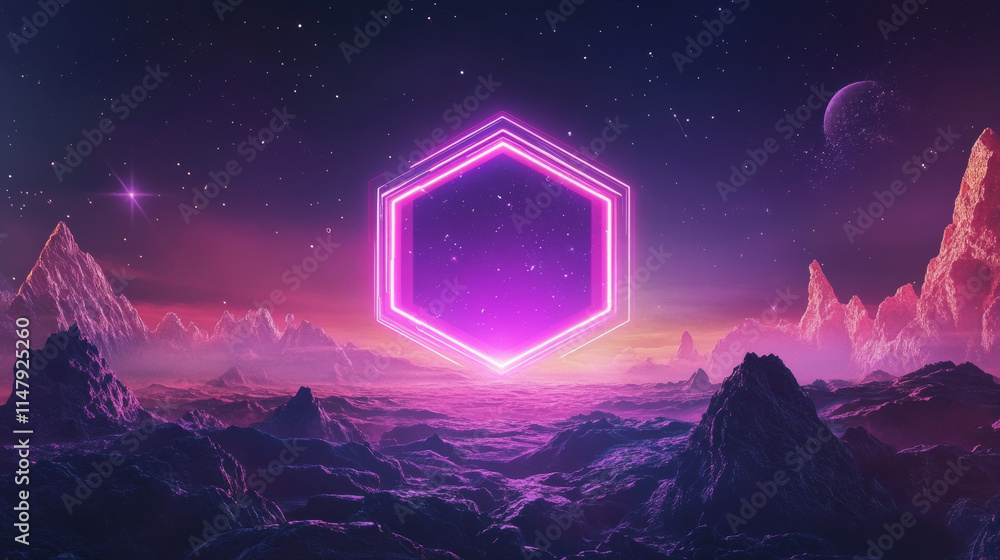 Poster cyberpunk background with neon hexagon on wireframe landscape. vector realistic illustration of y2k 