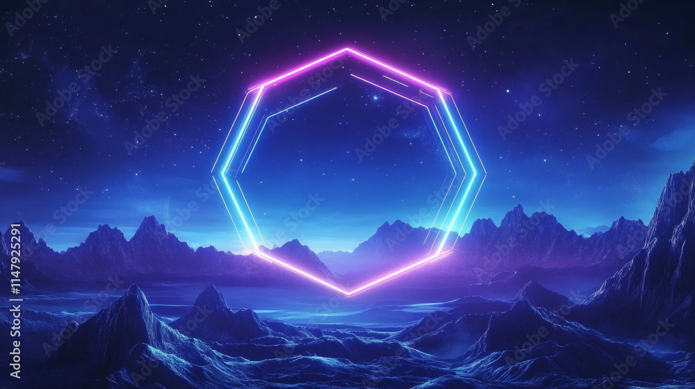 Poster cyberpunk background with neon hexagon on wireframe landscape. vector realistic illustration of y2k 