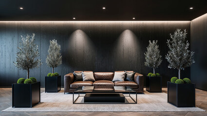 A minimalist office space with a matte charcoal accent wall, a sleek black desk, a leather ergonomic chair, an olive tree in a ceramic planter, a metal desk lamp, and soft recessed ceiling lighting
