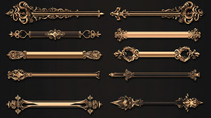 Game ui frames, gold medieval menu elements, buttons or banners with golden ornate rims. Empty royal gui bars for rpg or arcade, glossy borders, web design interface Cartoon 2d vector illustration