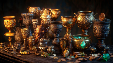 Rank trophies, gold, silver, bronze and wooden cups with money and gems. Winners awards for different place in game. Empty wooden cup and metal goblets with coins and gemstones, vector cartoon set
