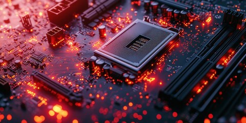 Obraz premium Close-up of illuminated computer motherboard with CPU.