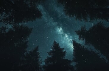 Fototapeta premium Night Sky Above A Dark Forest Of Pine Trees