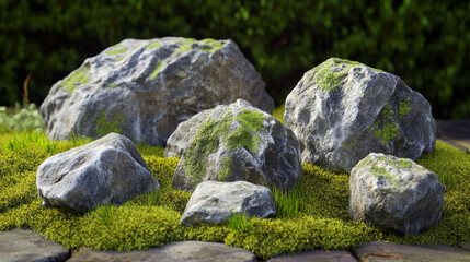 Mountain rocks with green moss, stones or boulders natural elements for design, geological materials with realistic texture. Isolated rocky pieces of different shapes, 3d vector illustration, set