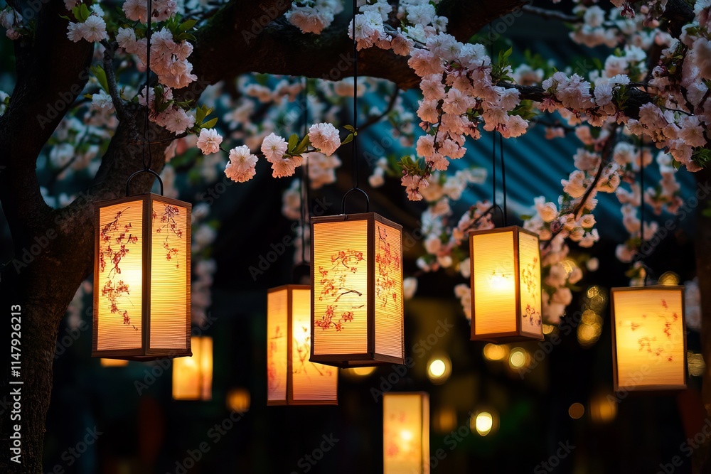 Aufkleber a tree with many lanterns hanging from it. the lanterns are lit and the tree is covered in pink blos