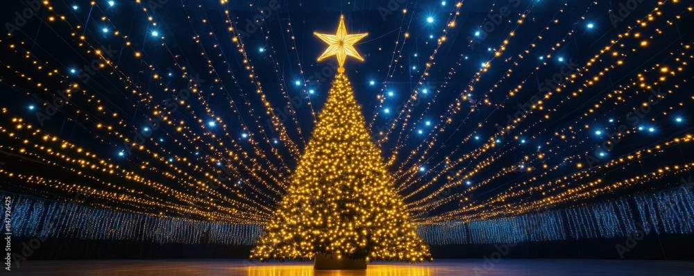 Canvas Prints Christmas tree glowing with lights and star against a blue bokeh background, festive holiday atmosphere, warm golden colors, perfect for seasonal celebrations and decoration ideas