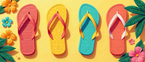 Fototapeta premium Summer Flip Flops Flat Design, Summer Vibes, Tropical Mood, Minimalist Illustration