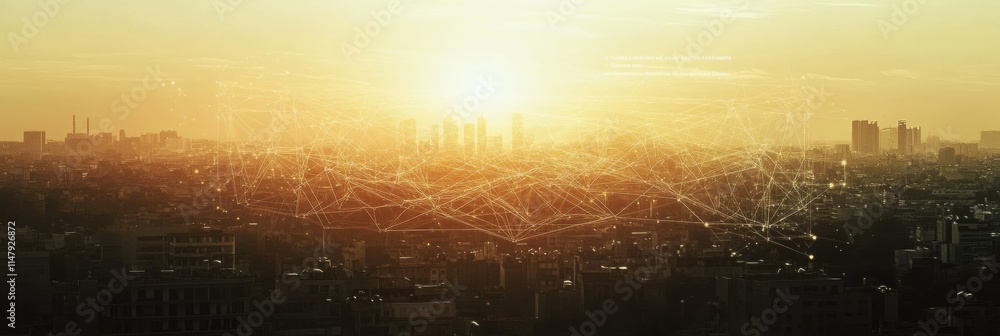 Aufkleber cityscape illuminated by sunrise with neural network overlay representing artificial intelligence in